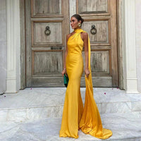 Women's Satin One-Shoulder Halter Maxi Dress with Cape and Train - Maisie London