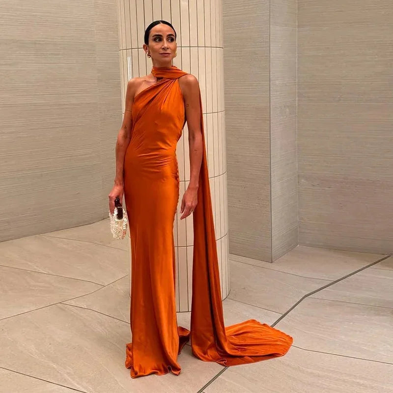 Women's Satin One-Shoulder Halter Maxi Dress with Cape and Train - Maisie London