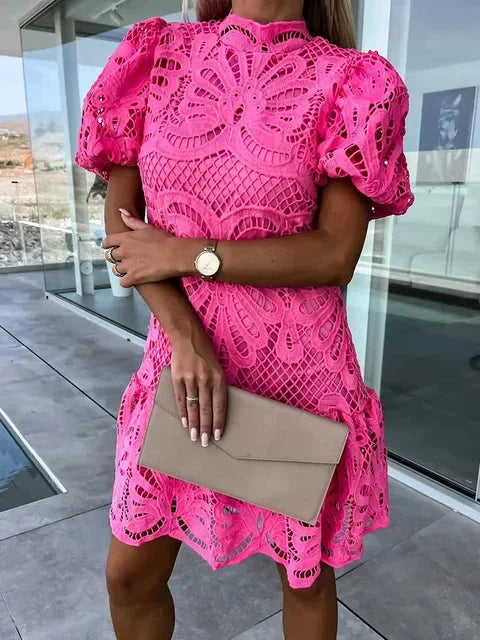 Women's Lace Mini Dress with Puff Sleeves and Scalloped Hem - Maisie London
