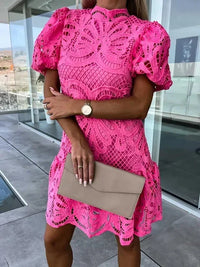 Women's Lace Mini Dress with Puff Sleeves and Scalloped Hem - Maisie London