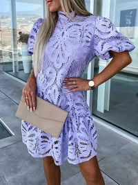 Women's Lace Mini Dress with Puff Sleeves and Scalloped Hem - Maisie London