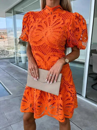 Women's Lace Mini Dress with Puff Sleeves and Scalloped Hem - Maisie London