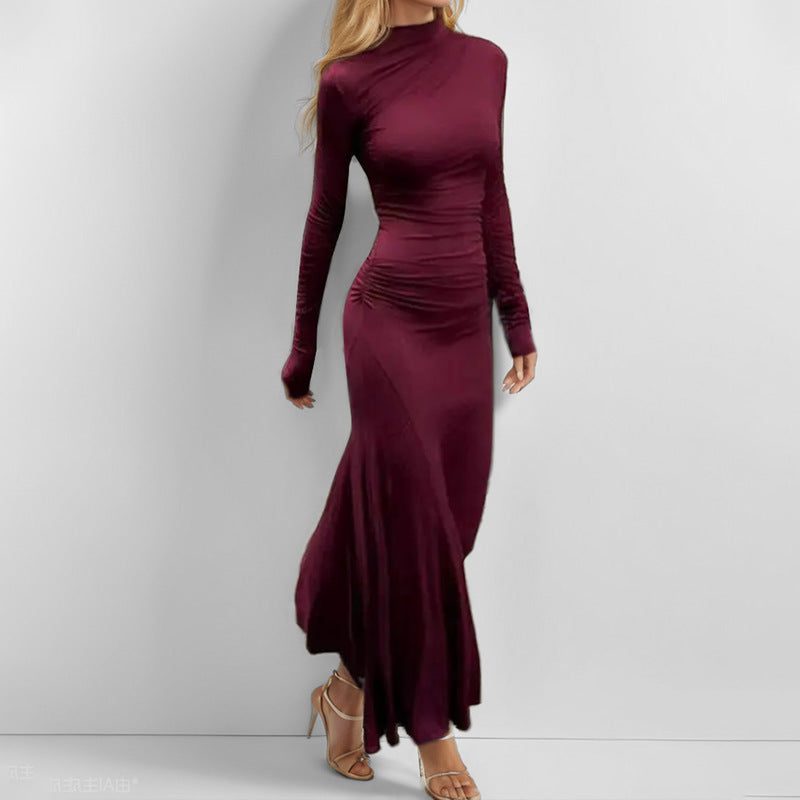 Women's Violet Jersey Maxi Dress with Roll Neck and Ruched Waist - Maisie London