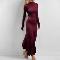 Women's Violet Jersey Maxi Dress with Roll Neck and Ruched Waist - Maisie London