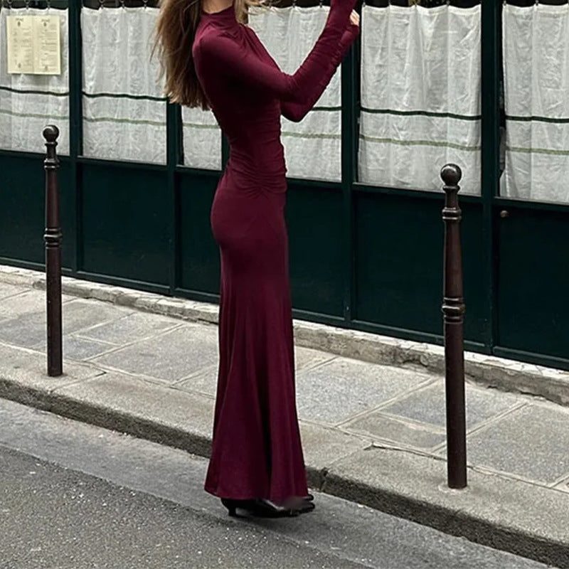 Women's Violet Jersey Maxi Dress with Roll Neck and Ruched Waist - Maisie London