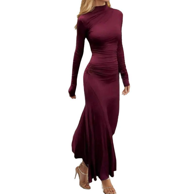 Women's Violet Jersey Maxi Dress with Roll Neck and Ruched Waist - Maisie London