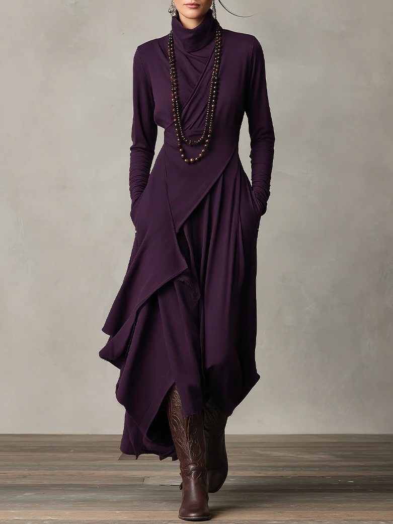 Women's Jersey Roll-Neck Maxi Dress with Asymmetric Hem and Pockets - Maisie London