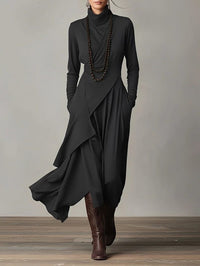 Women's Jersey Roll-Neck Maxi Dress with Asymmetric Hem and Pockets - Maisie London