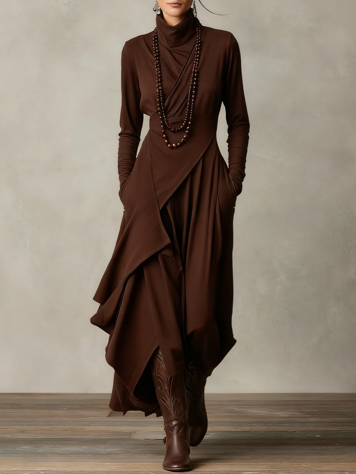 Women's Jersey Roll-Neck Maxi Dress with Asymmetric Hem and Pockets - Maisie London