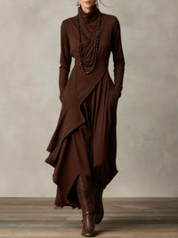 Women's Jersey Roll-Neck Maxi Dress with Asymmetric Hem and Pockets - Maisie London