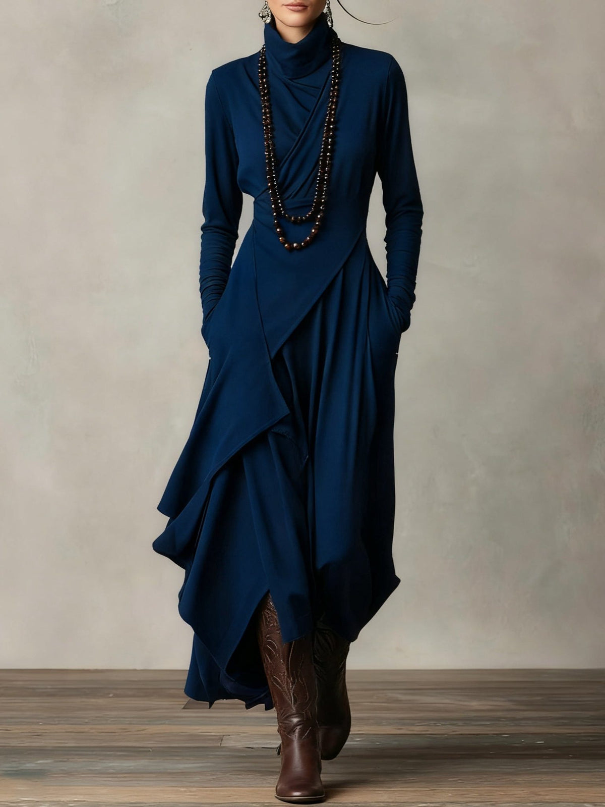Women's Jersey Roll-Neck Maxi Dress with Asymmetric Hem and Pockets - Maisie London