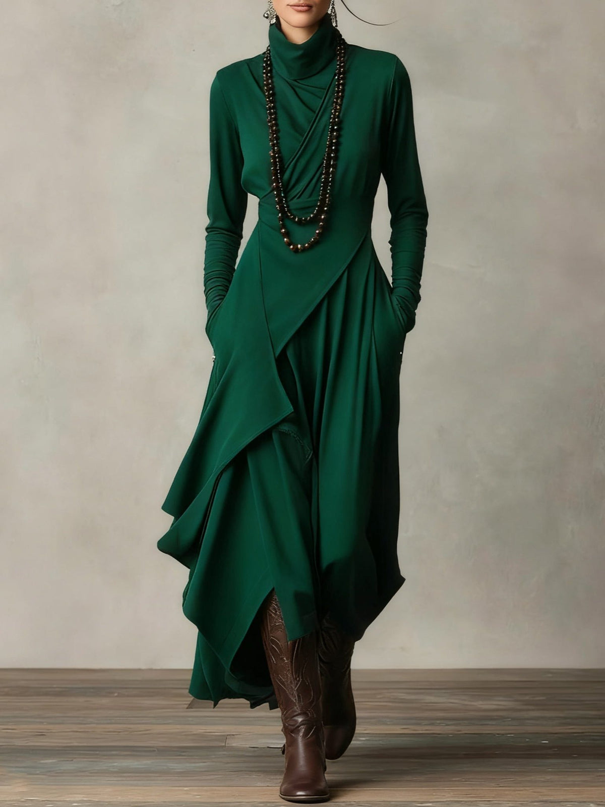 Women's Jersey Roll-Neck Maxi Dress with Asymmetric Hem and Pockets - Maisie London