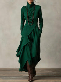 Women's Jersey Roll-Neck Maxi Dress with Asymmetric Hem and Pockets - Maisie London