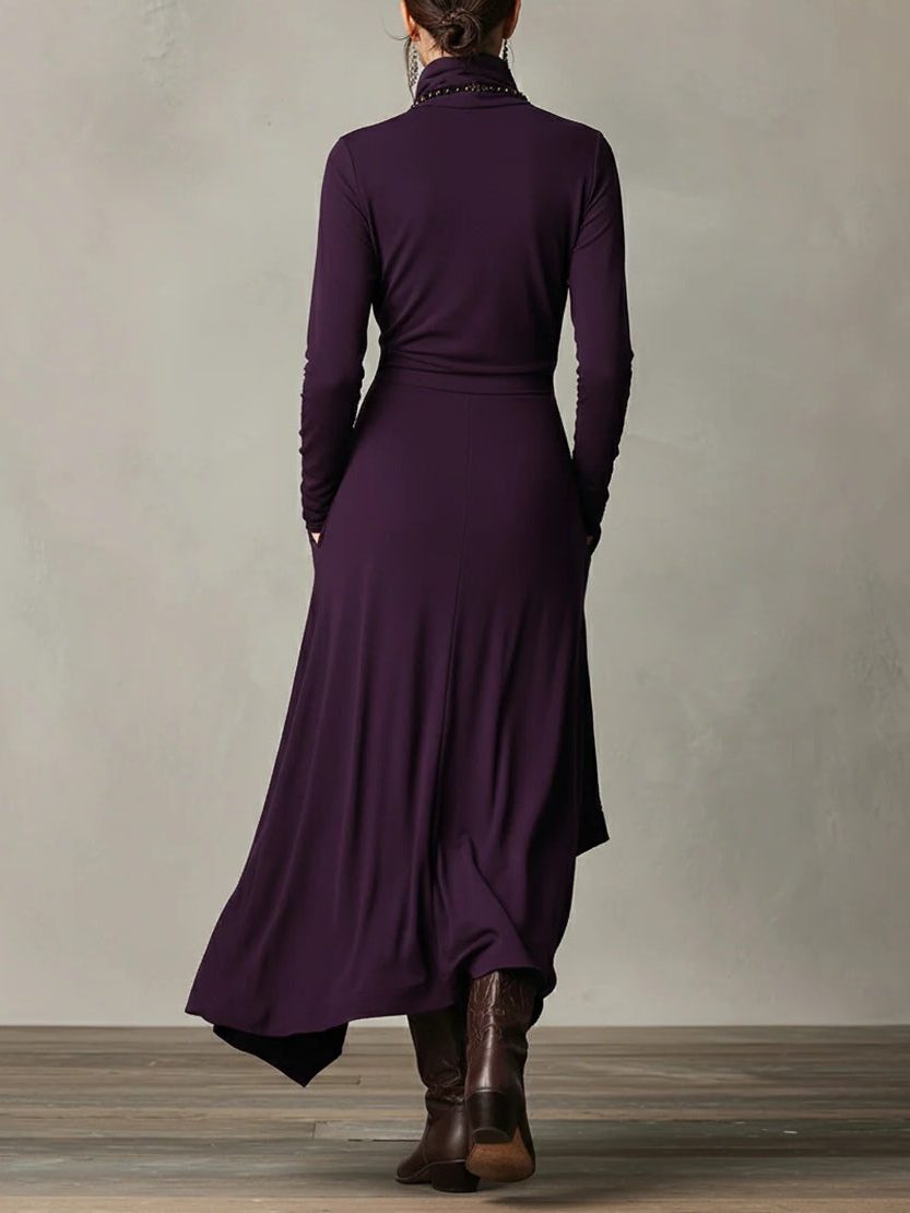 Women's Jersey Roll-Neck Maxi Dress with Asymmetric Hem and Pockets - Maisie London