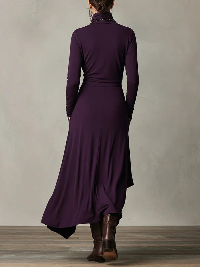 Women's Jersey Roll-Neck Maxi Dress with Asymmetric Hem and Pockets - Maisie London