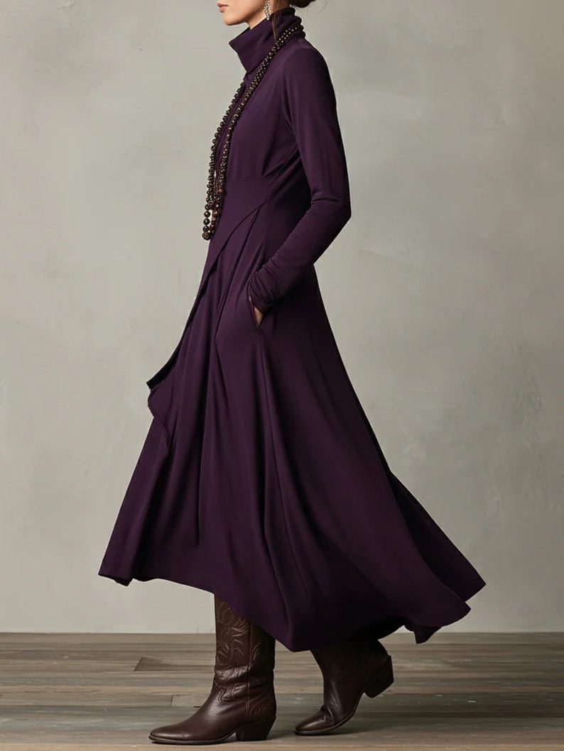 Women's Jersey Roll-Neck Maxi Dress with Asymmetric Hem and Pockets - Maisie London