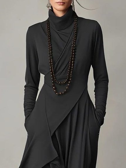 Women's Jersey Roll-Neck Maxi Dress with Asymmetric Hem and Pockets - Maisie London