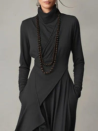 Women's Jersey Roll-Neck Maxi Dress with Asymmetric Hem and Pockets - Maisie London