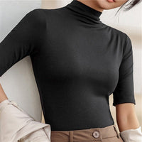 Women's Fitted Jersey Roll Neck Top with Half-Length Sleeves - Maisie London