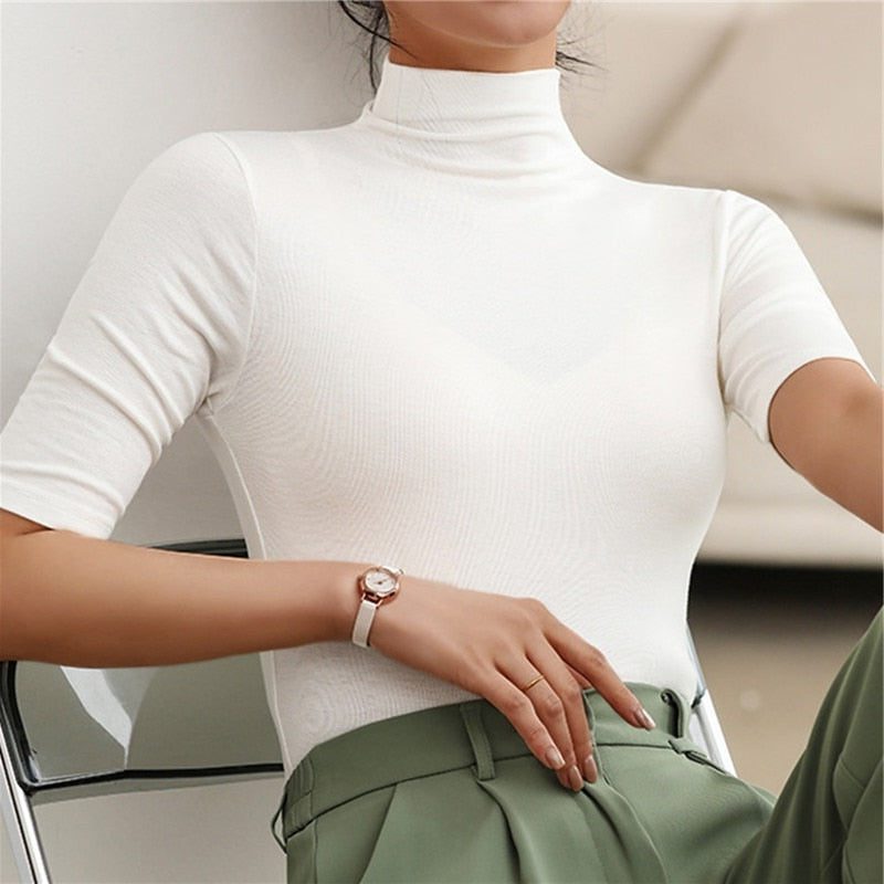 Women's Fitted Jersey Roll Neck Top with Half-Length Sleeves - Maisie London