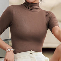Women's Fitted Jersey Roll Neck Top with Half-Length Sleeves - Maisie London
