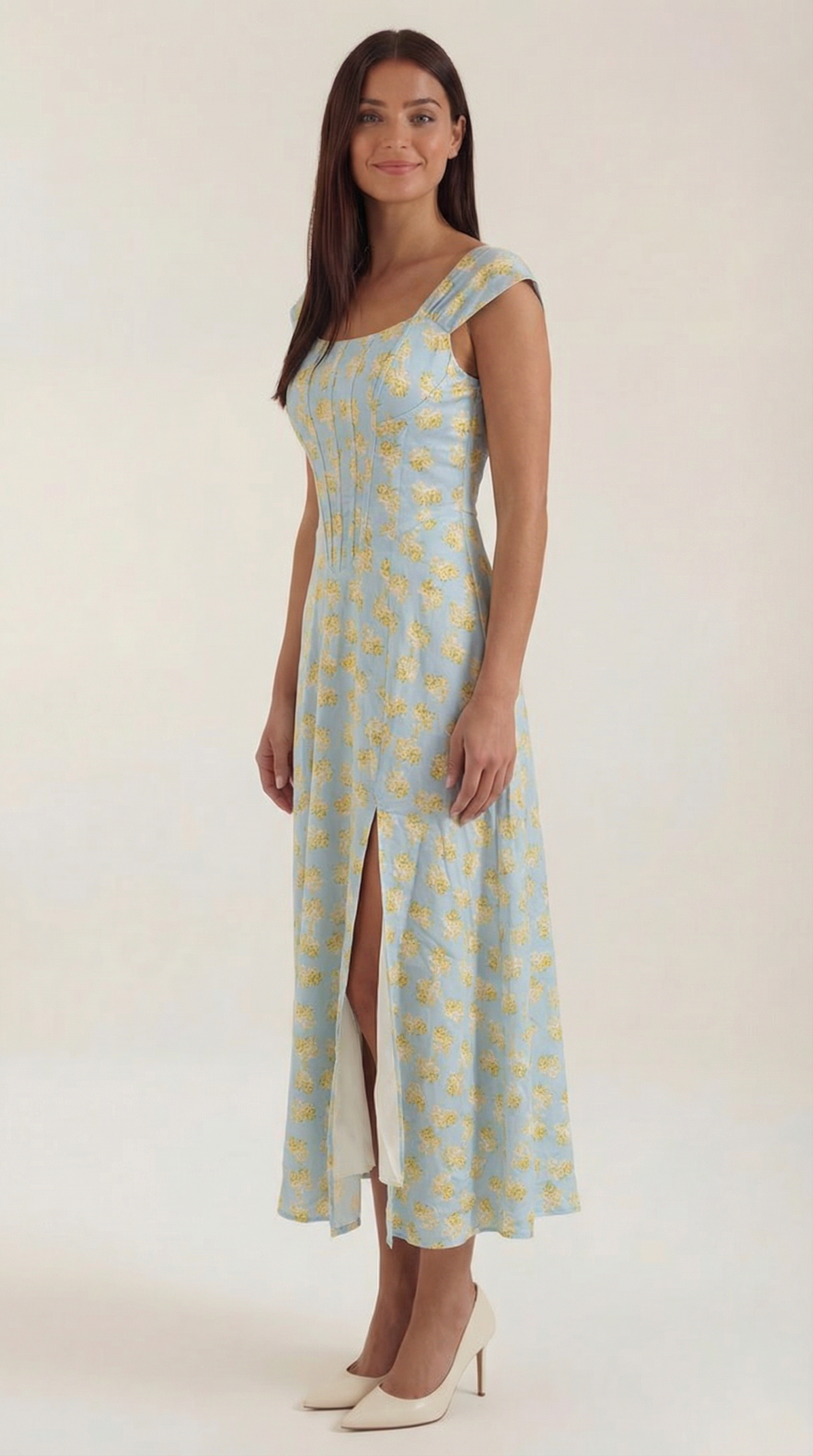 Women's A-Line Corset Midi Dress with Square Neck and Side Split - Maisie London