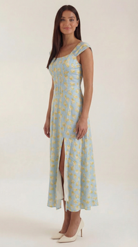Women's A-Line Corset Midi Dress with Square Neck and Side Split - Maisie London