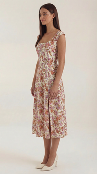 Women's A-Line Corset Midi Dress with Square Neck and Side Split - Maisie London