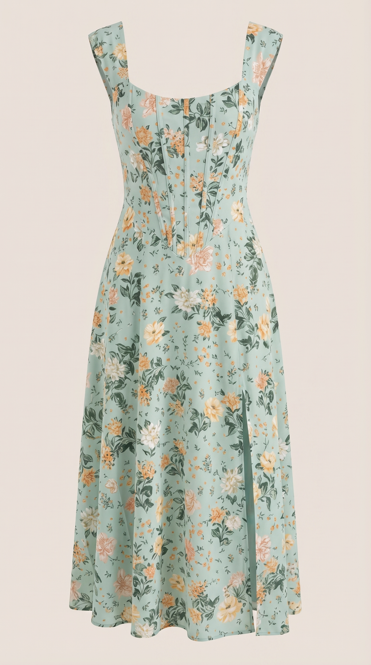 Women's A-Line Corset Midi Dress with Square Neck and Side Split - Maisie London