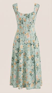 Women's A-Line Corset Midi Dress with Square Neck and Side Split - Maisie London