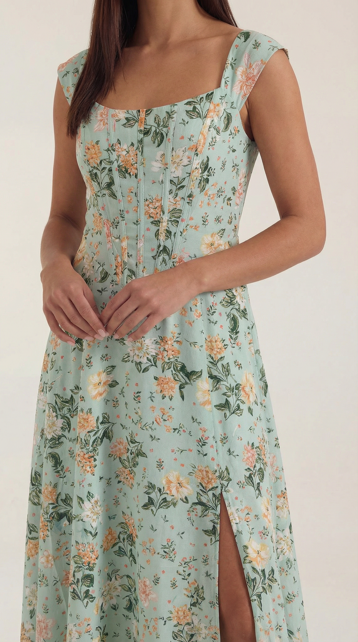 Women's A-Line Corset Midi Dress with Square Neck and Side Split - Maisie London