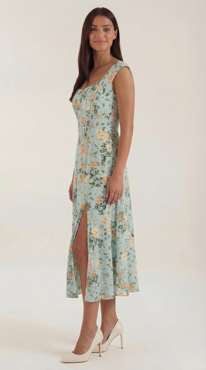 Women's A-Line Corset Midi Dress with Square Neck and Side Split - Maisie London