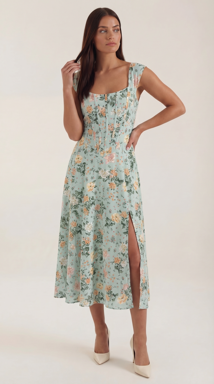 Women's A-Line Corset Midi Dress with Square Neck and Side Split - Maisie London