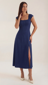 Women's A-Line Corset Midi Dress with Square Neck and Side Split - Maisie London