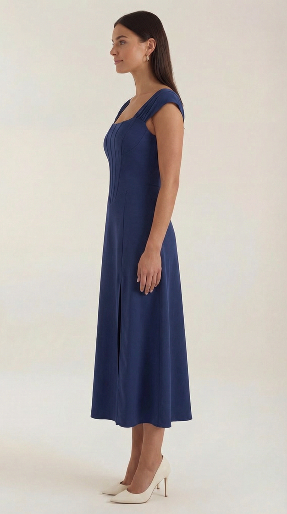 Women's A-Line Corset Midi Dress with Square Neck and Side Split - Maisie London