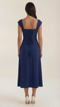 Women's A-Line Corset Midi Dress with Square Neck and Side Split - Maisie London