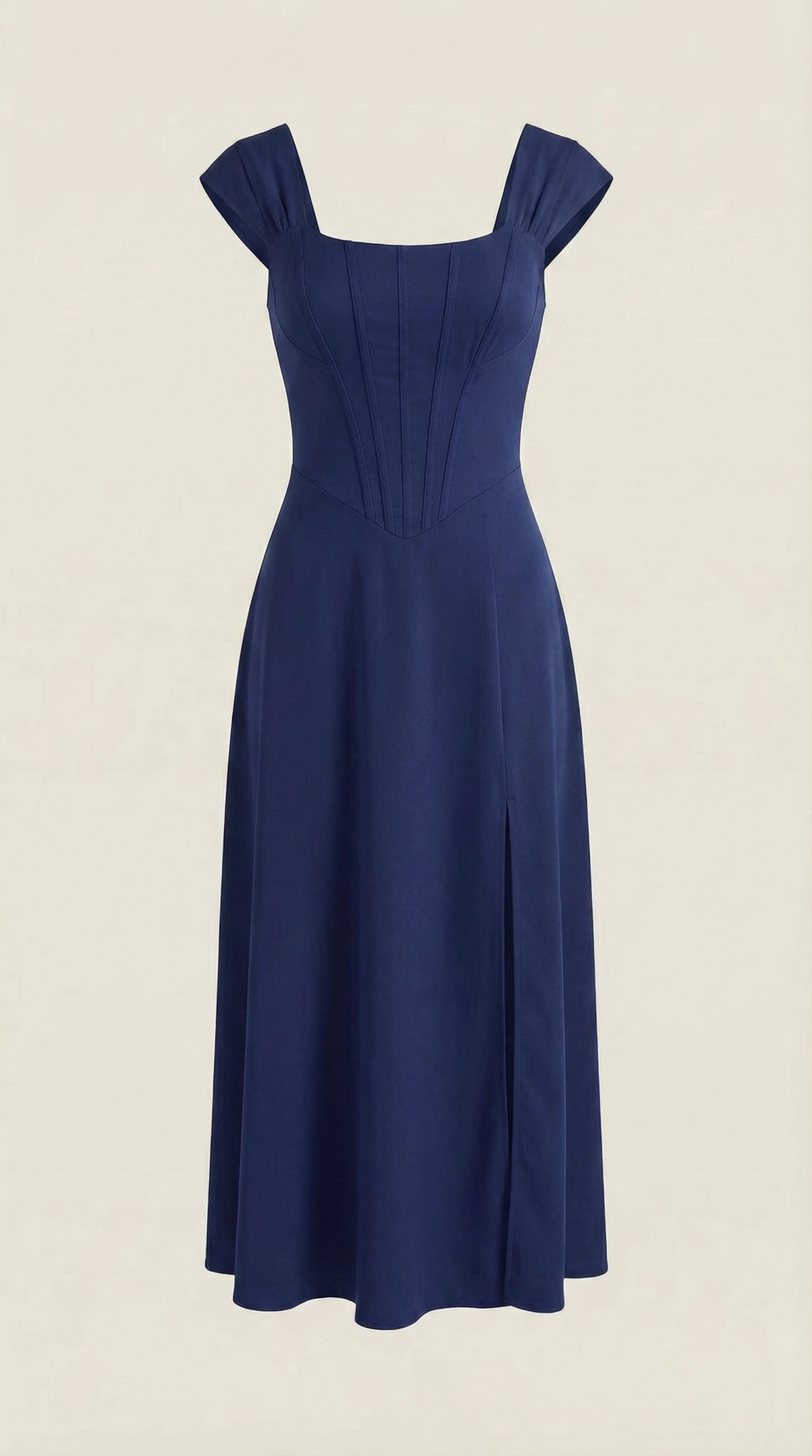 Women's A-Line Corset Midi Dress with Square Neck and Side Split - Maisie London