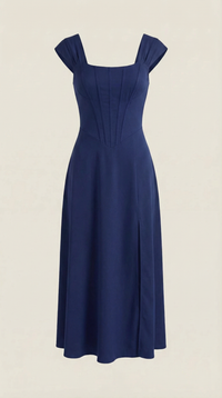 Women's A-Line Corset Midi Dress with Square Neck and Side Split - Maisie London