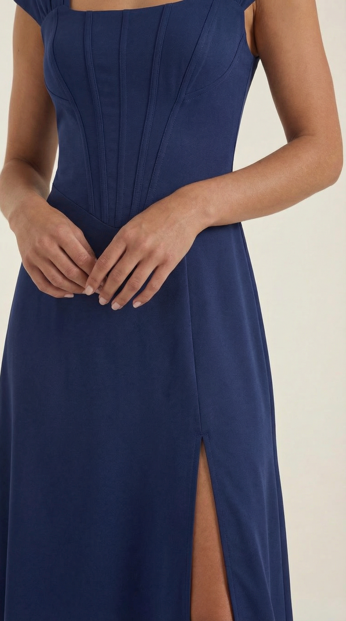 Women's A-Line Corset Midi Dress with Square Neck and Side Split - Maisie London