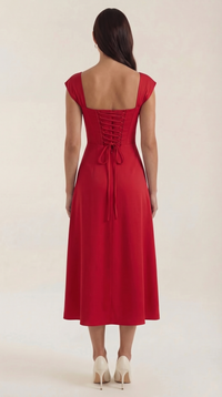 Women's A-Line Corset Midi Dress with Square Neck and Side Split - Maisie London