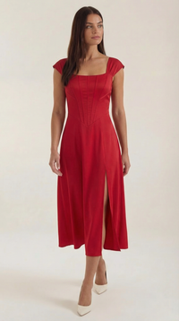 Women's A-Line Corset Midi Dress with Square Neck and Side Split - Maisie London