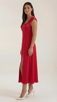 Women's A-Line Corset Midi Dress with Square Neck and Side Split - Maisie London