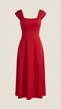 Women's A-Line Corset Midi Dress with Square Neck and Side Split - Maisie London
