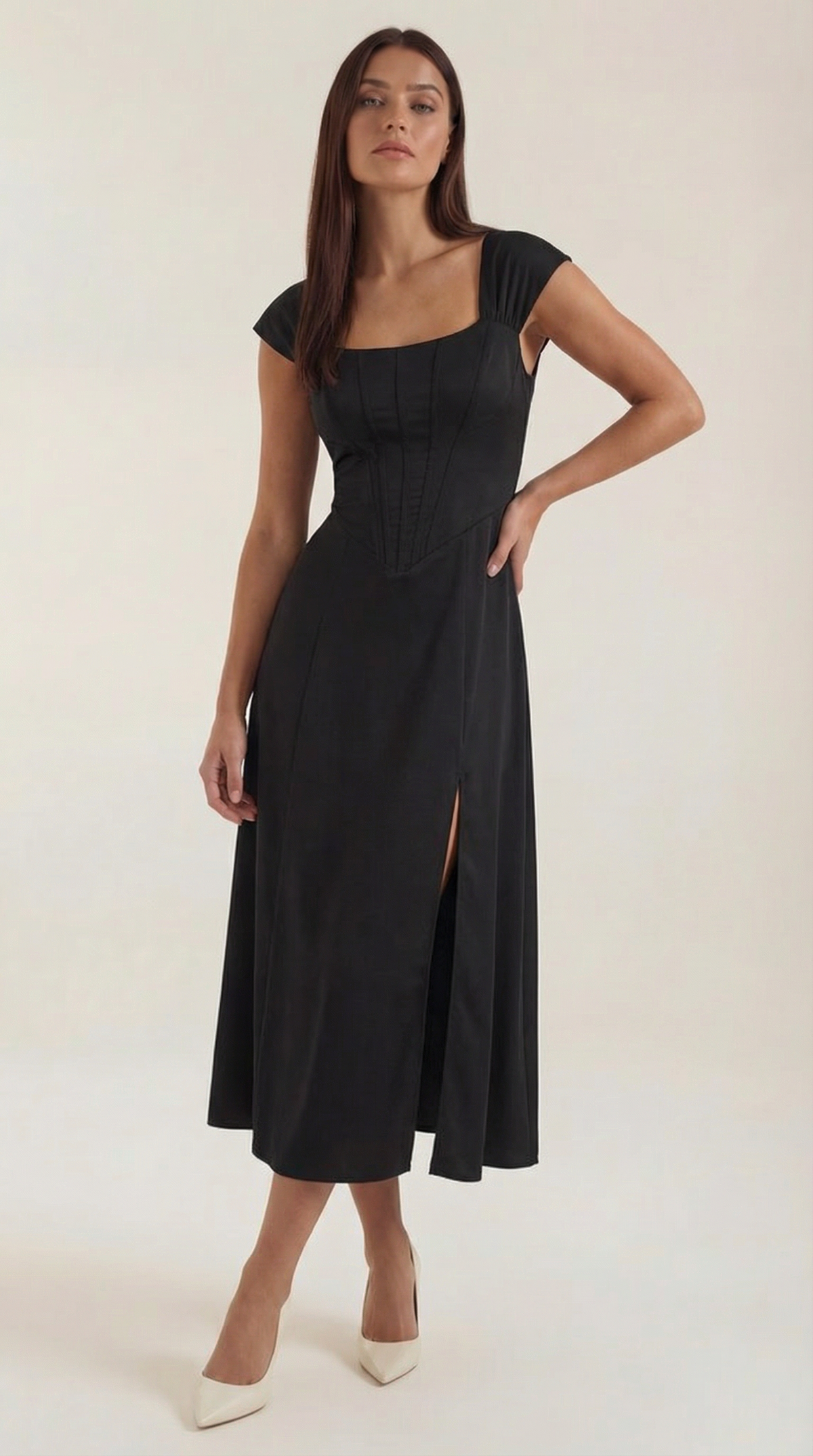Women's A-Line Corset Midi Dress with Square Neck and Side Split - Maisie London