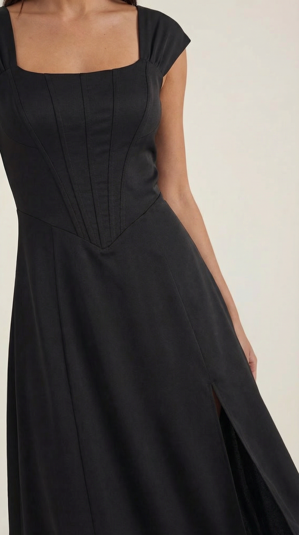 Women's A-Line Corset Midi Dress with Square Neck and Side Split - Maisie London