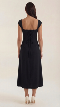 Women's A-Line Corset Midi Dress with Square Neck and Side Split - Maisie London