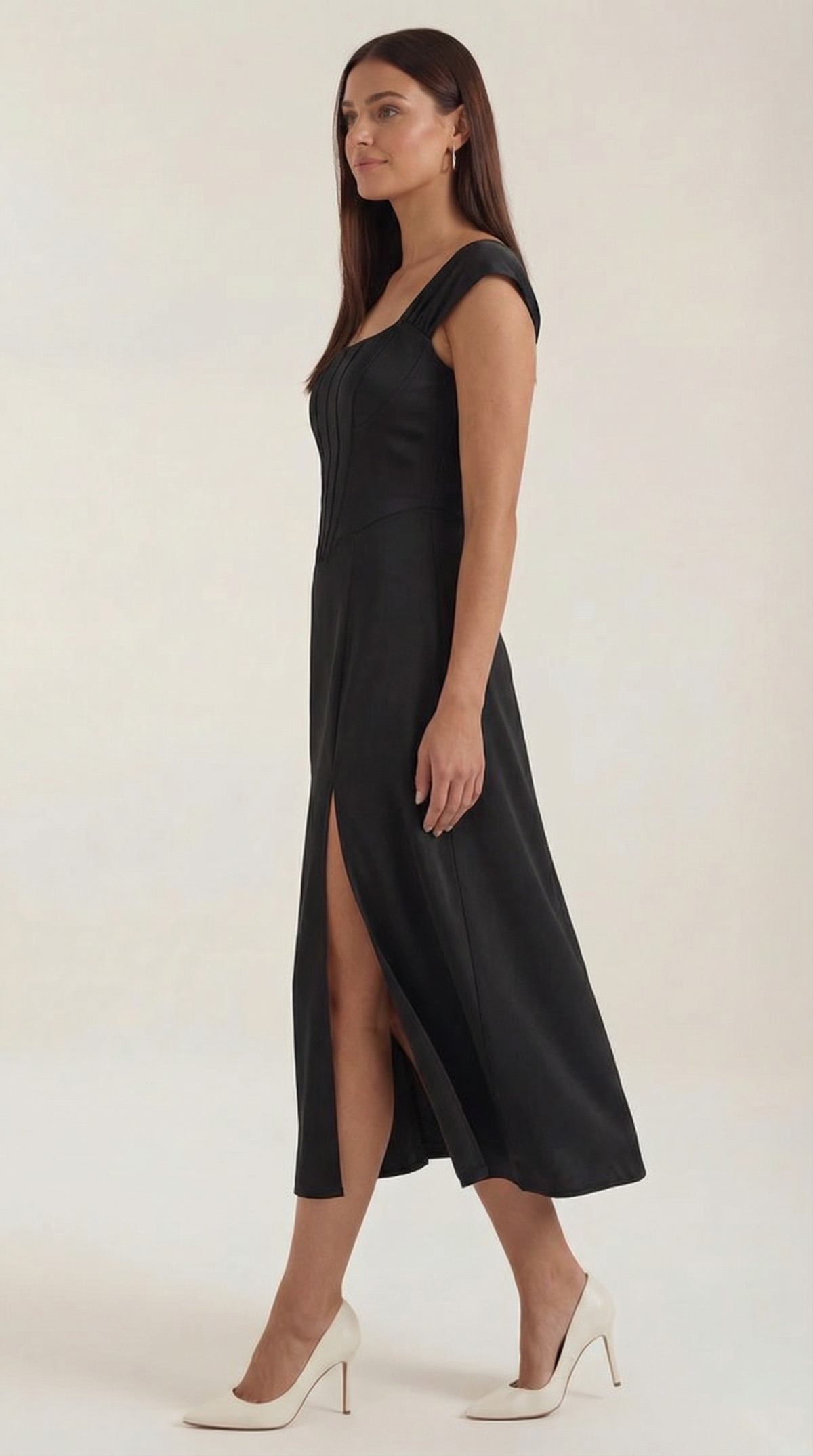 Women's A-Line Corset Midi Dress with Square Neck and Side Split - Maisie London