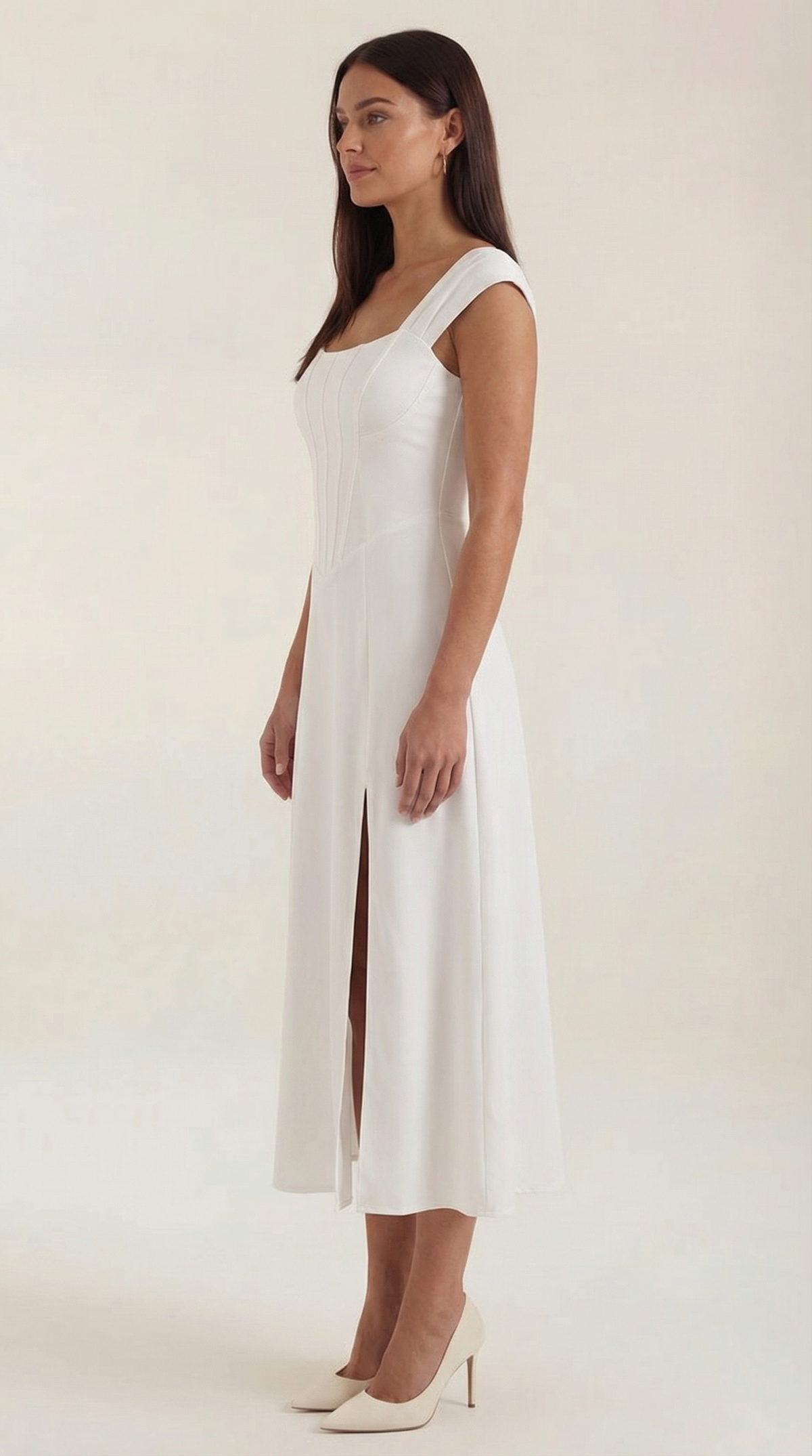 Women's A-Line Corset Midi Dress with Square Neck and Side Split - Maisie London