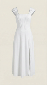 Women's A-Line Corset Midi Dress with Square Neck and Side Split - Maisie London