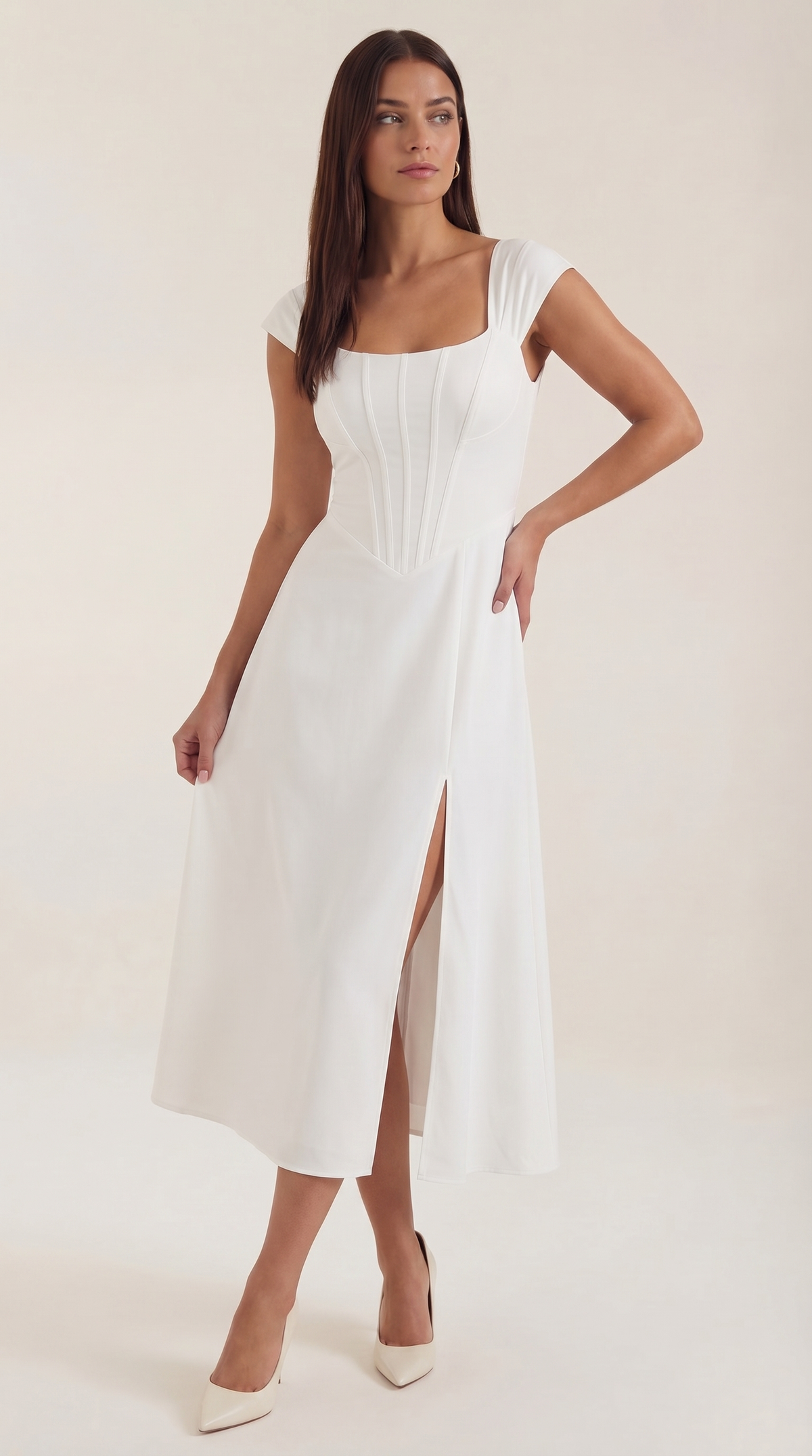 Women's A-Line Corset Midi Dress with Square Neck and Side Split - Maisie London